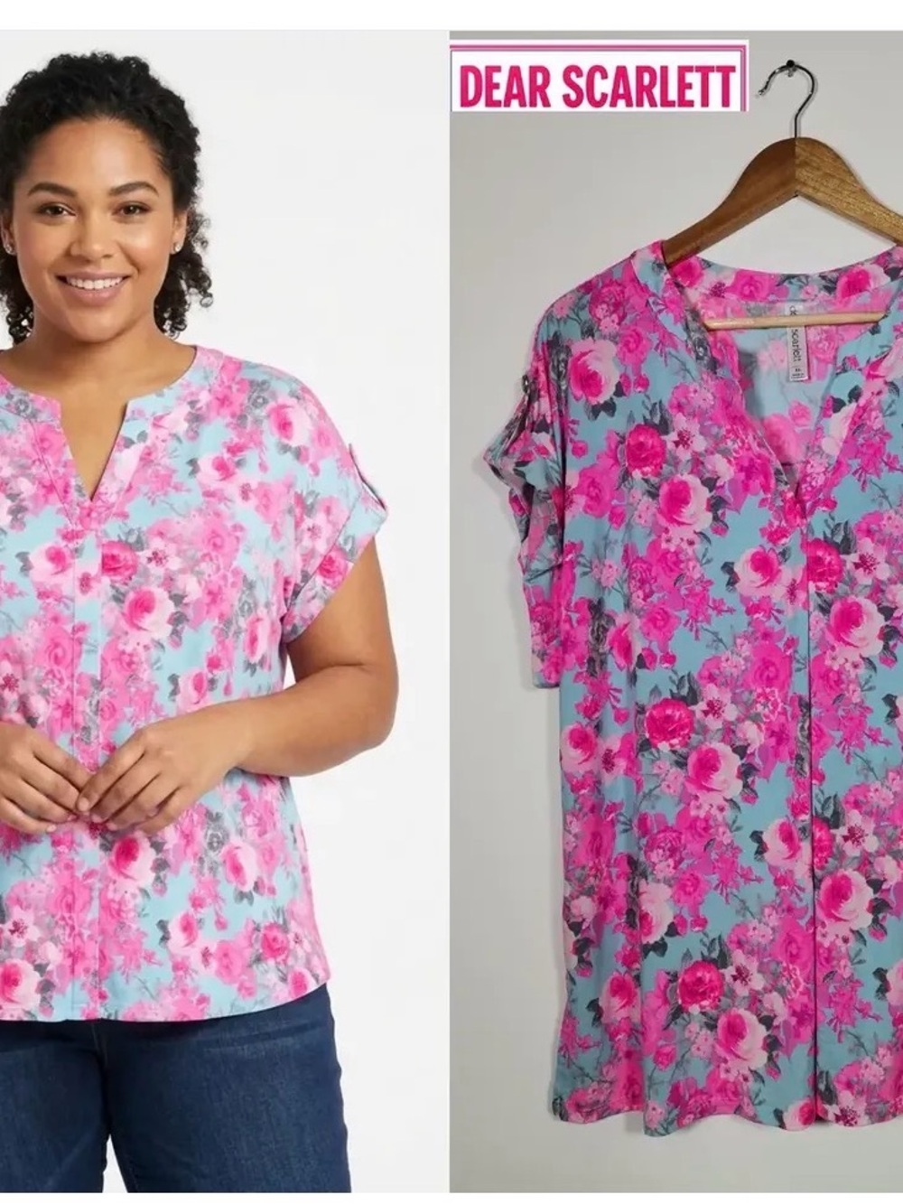 Dear Scarlett Pink Floral Split-Neck Women's Top-XL